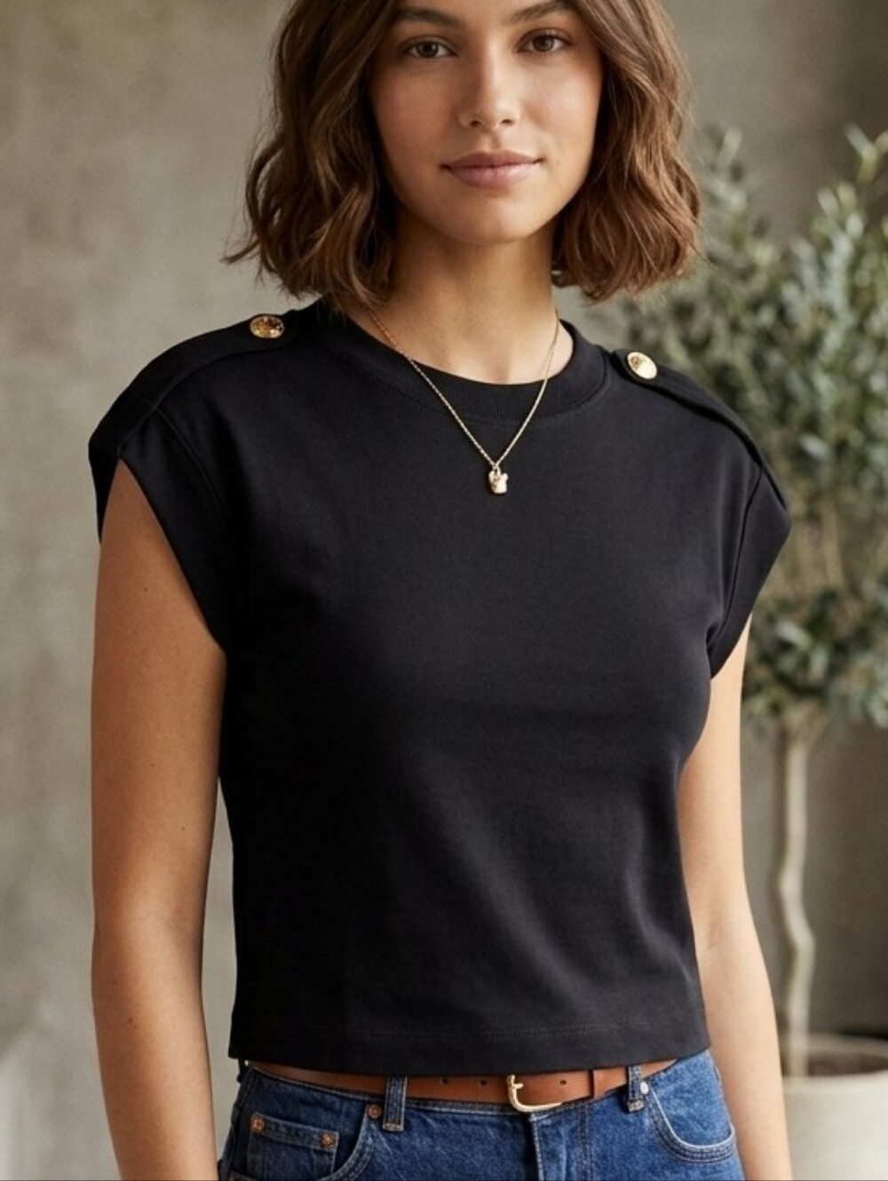 Sandro Black Crop Top with Gold Shoulder Buttons